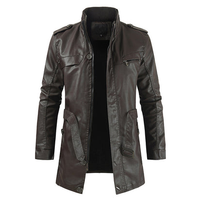 Men's Mid-length Fleece-lined Casual Stand Collar Elzeon Leather Wind Coat