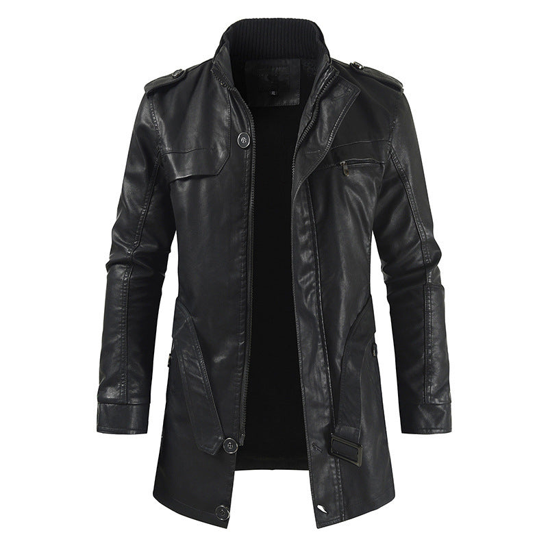 Men's Mid-length Fleece-lined Casual Stand Collar Elzeon Leather Wind Coat