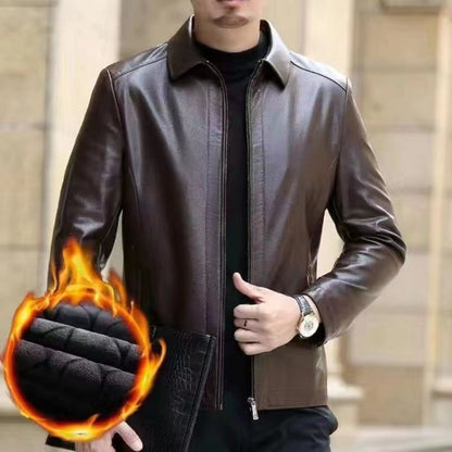 Leather Jacket For Middle-aged Men Leather Elzeon Clothing With Stand Collar Men Fleece-lined