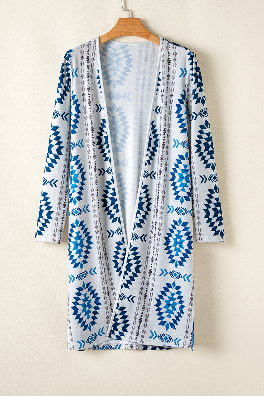 Sky Blue Western Aztec Printed Open Front Long Elzeon Cardigan