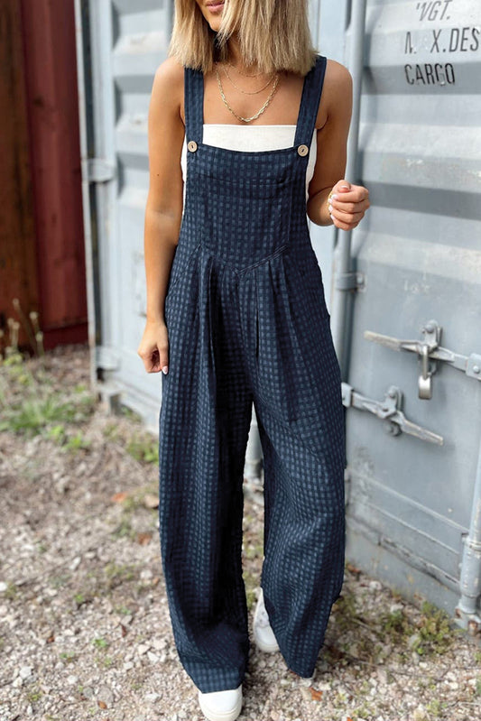 Sail Blue Plaid Print Buttoned Pocketed High Elzeon Waist Overall