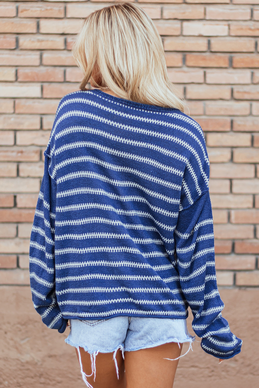 Green Stripe Drop Shoulder Casual Sweater