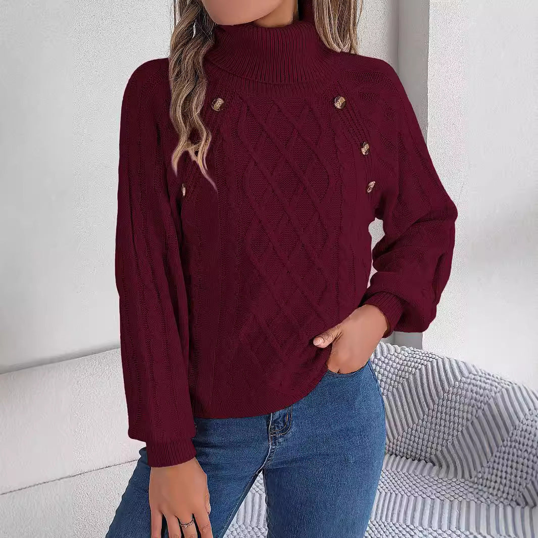 Casual Buttons Cable-knit Turtleneck Lantern Sleeve Pullover Sweater