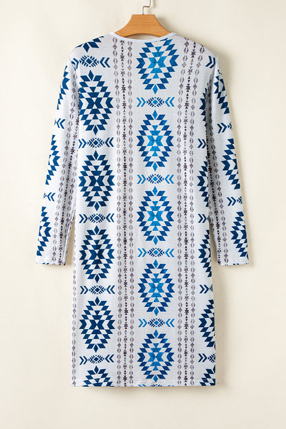 Sky Blue Western Aztec Printed Open Front Long Elzeon Cardigan