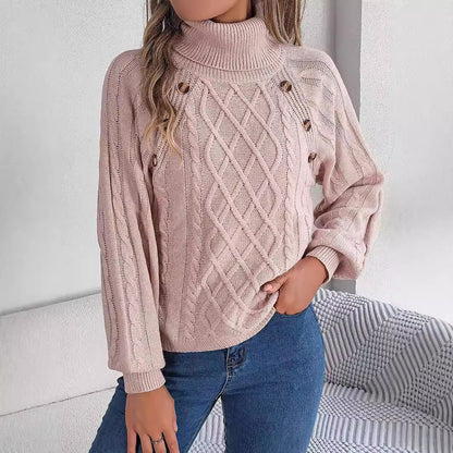 Casual Buttons Cable-knit Turtleneck Lantern Sleeve Pullover Sweater