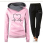 Love Heart Printed Sports Suit Hooded Sweatshirt Top And Drawstring Pants Fashion Casual Clothing For Women