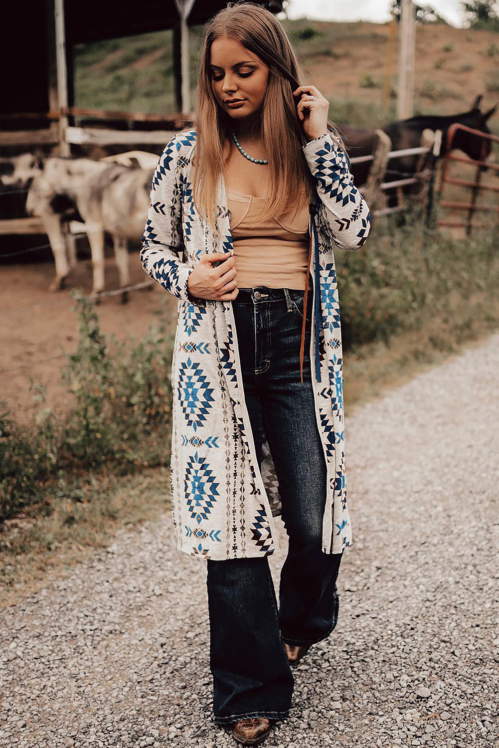 Sky Blue Western Aztec Printed Open Front Long Elzeon Cardigan