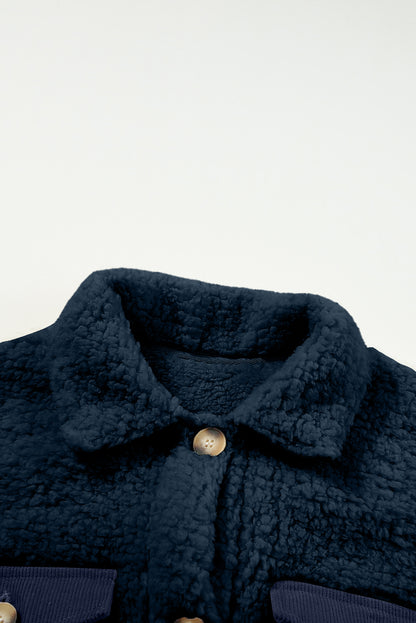 Blue Contrast Flap Pocket Single Breasted Elzeon Teddy Coat