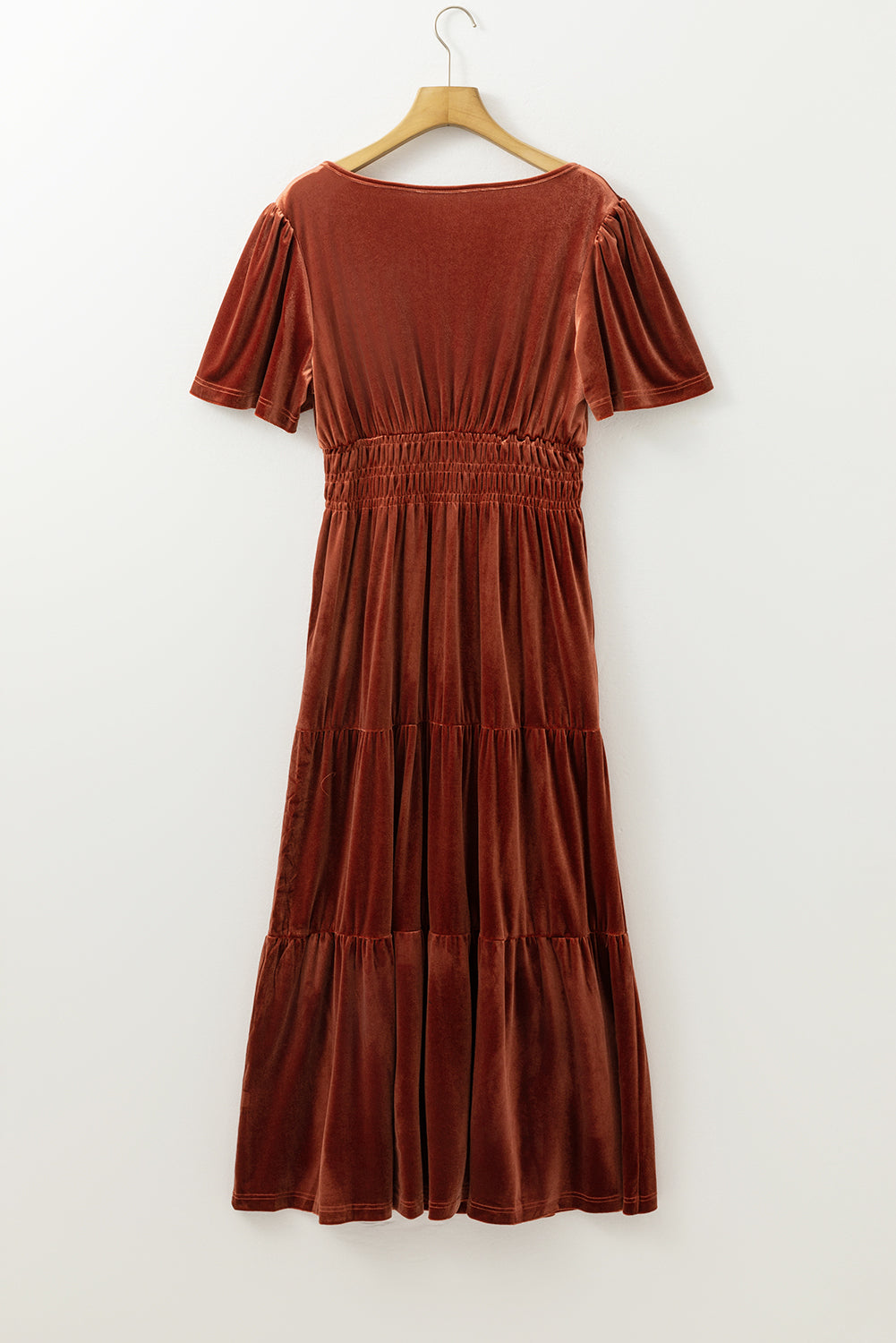 Red Dahlia Velvet Short Sleeve Shirred Waist Tiered Elzeon Maxi Dress