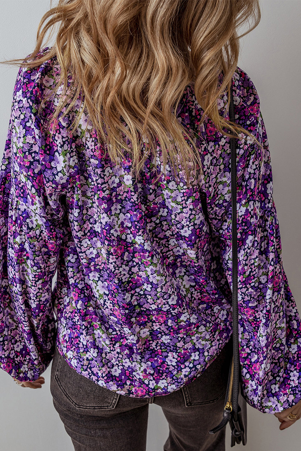 Purple Boho Flower Split V Neck Elzeon Bubble Sleeve Blouse