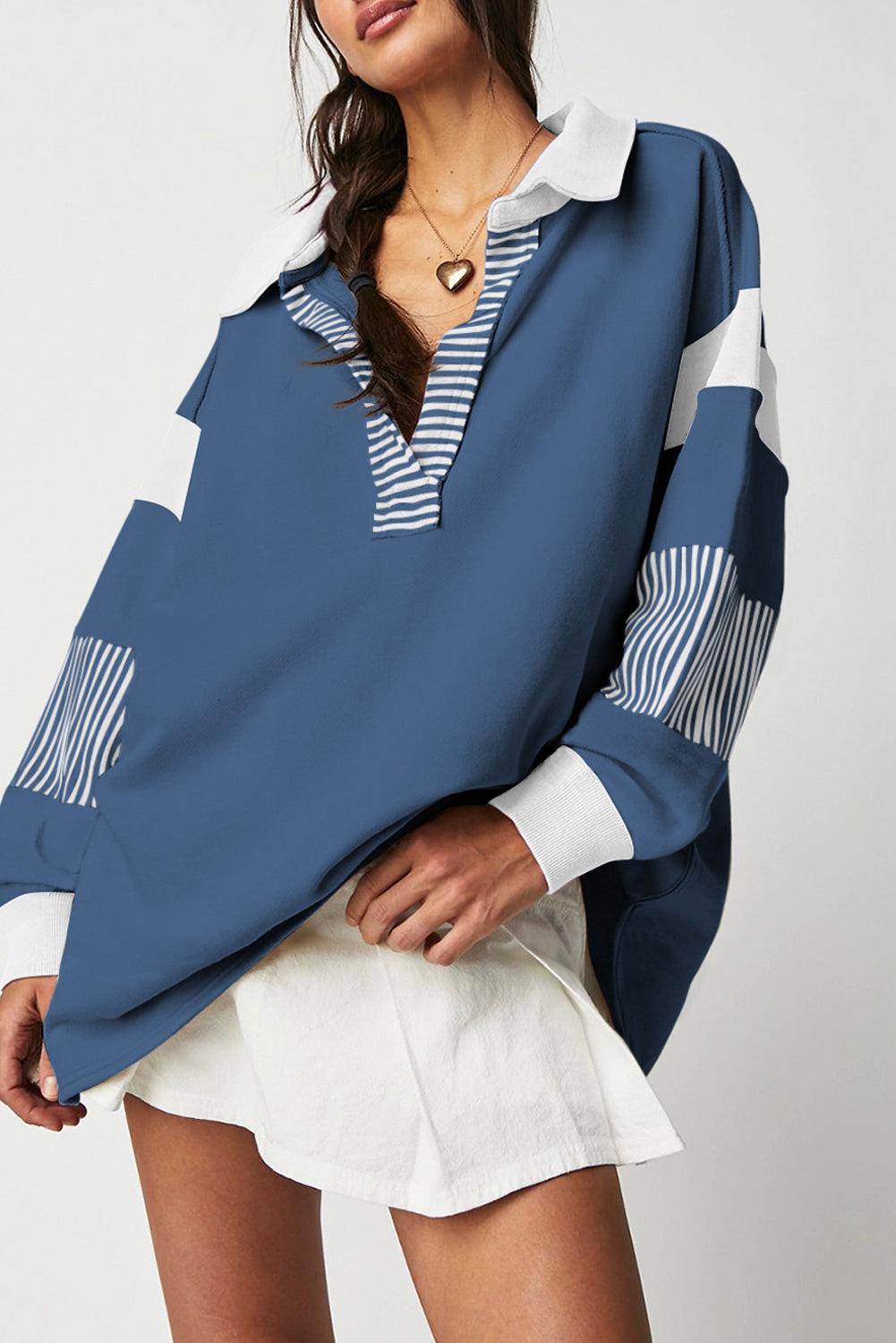 Black Striped Colorblock Patchwork Collar Sweatshirt