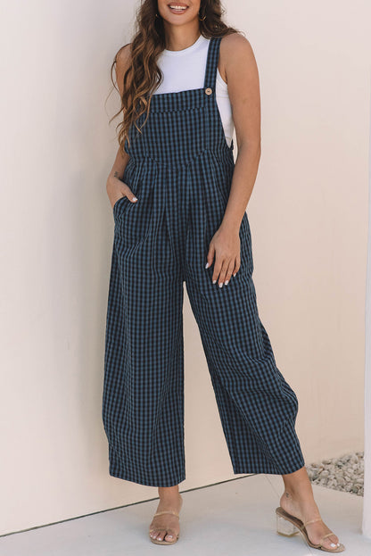 Sail Blue Plaid Print Buttoned Pocketed High Elzeon Waist Overall