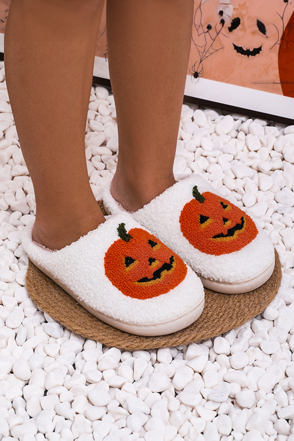 White Halloween Pumpkin Print Plush Elzeon Slippers (Runs Small, Size Up)