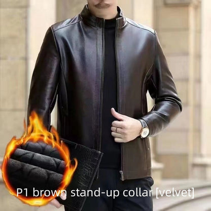 Leather Jacket For Middle-aged Men Leather Elzeon Clothing With Stand Collar Men Fleece-lined