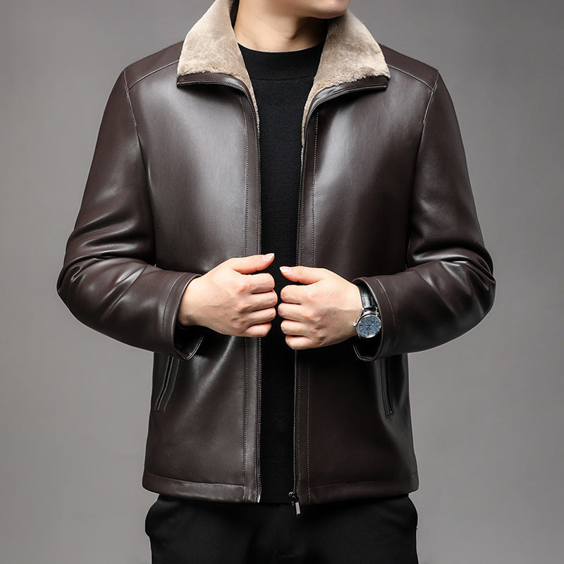 Jacket Business Warm Fur Lapel Fur Integrated Fleece-lined Thickened Elzeon Leather Coat