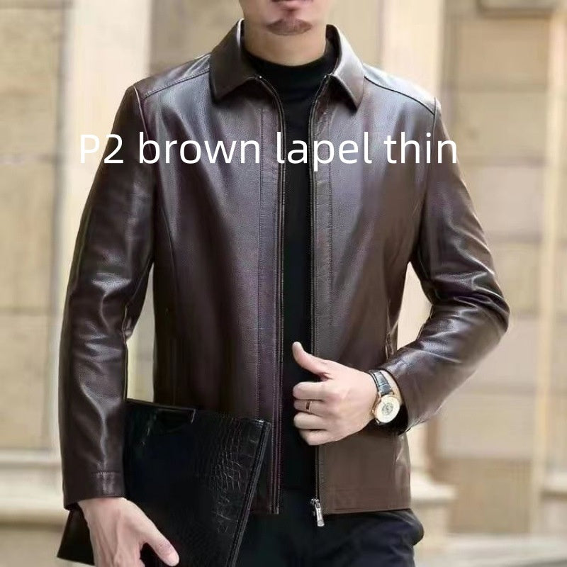 Leather Jacket For Middle-aged Men Leather Elzeon Clothing With Stand Collar Men Fleece-lined