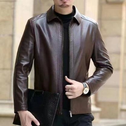 Leather Jacket For Middle-aged Men Leather Elzeon Clothing With Stand Collar Men Fleece-lined