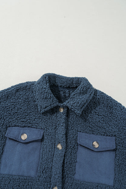 Blue Contrast Flap Pocket Single Breasted Elzeon Teddy Coat