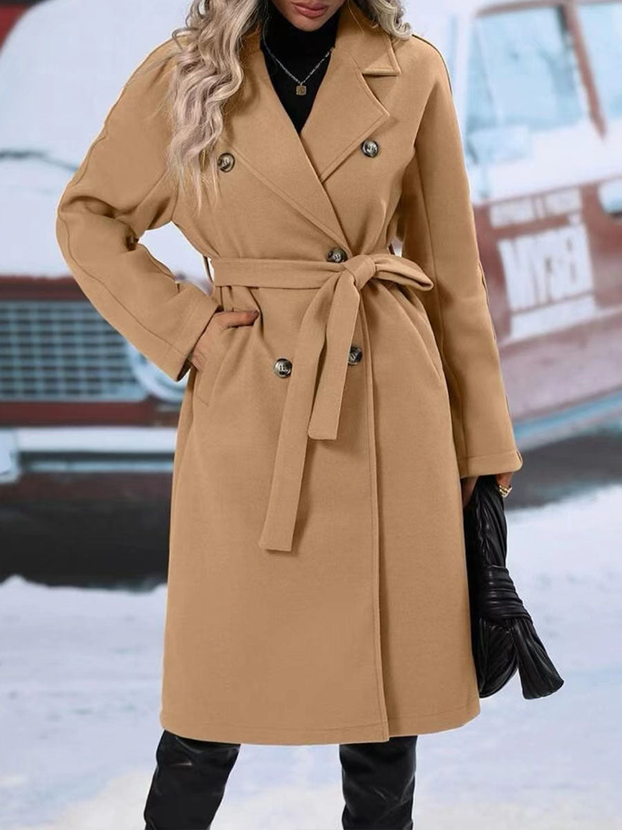 Trench-coat croisé à revers avec ceinture, mode hiver, couleur unie, veste longue, vêtements d'extérieur pour femmes