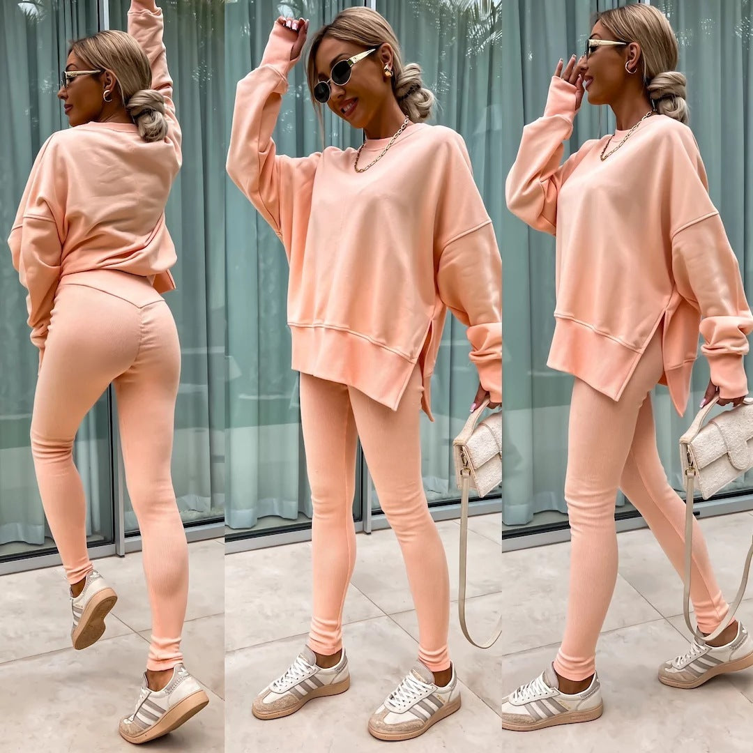 Sweater Suit Women's Elzeon Casual Loose Long Sleeve Crew Neck Split Top Tight Trousers