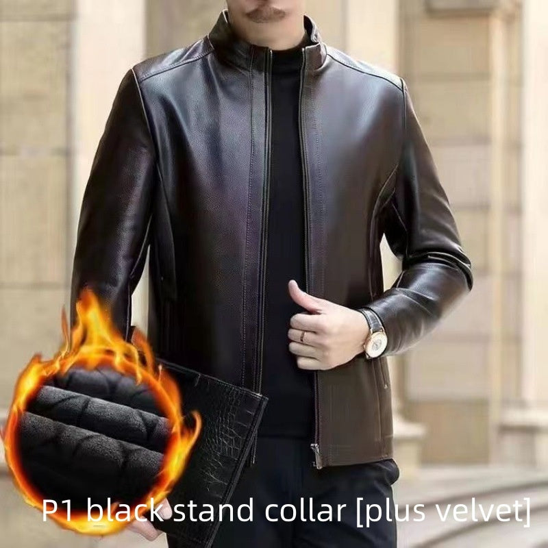 Leather Jacket For Middle-aged Men Leather Elzeon Clothing With Stand Collar Men Fleece-lined