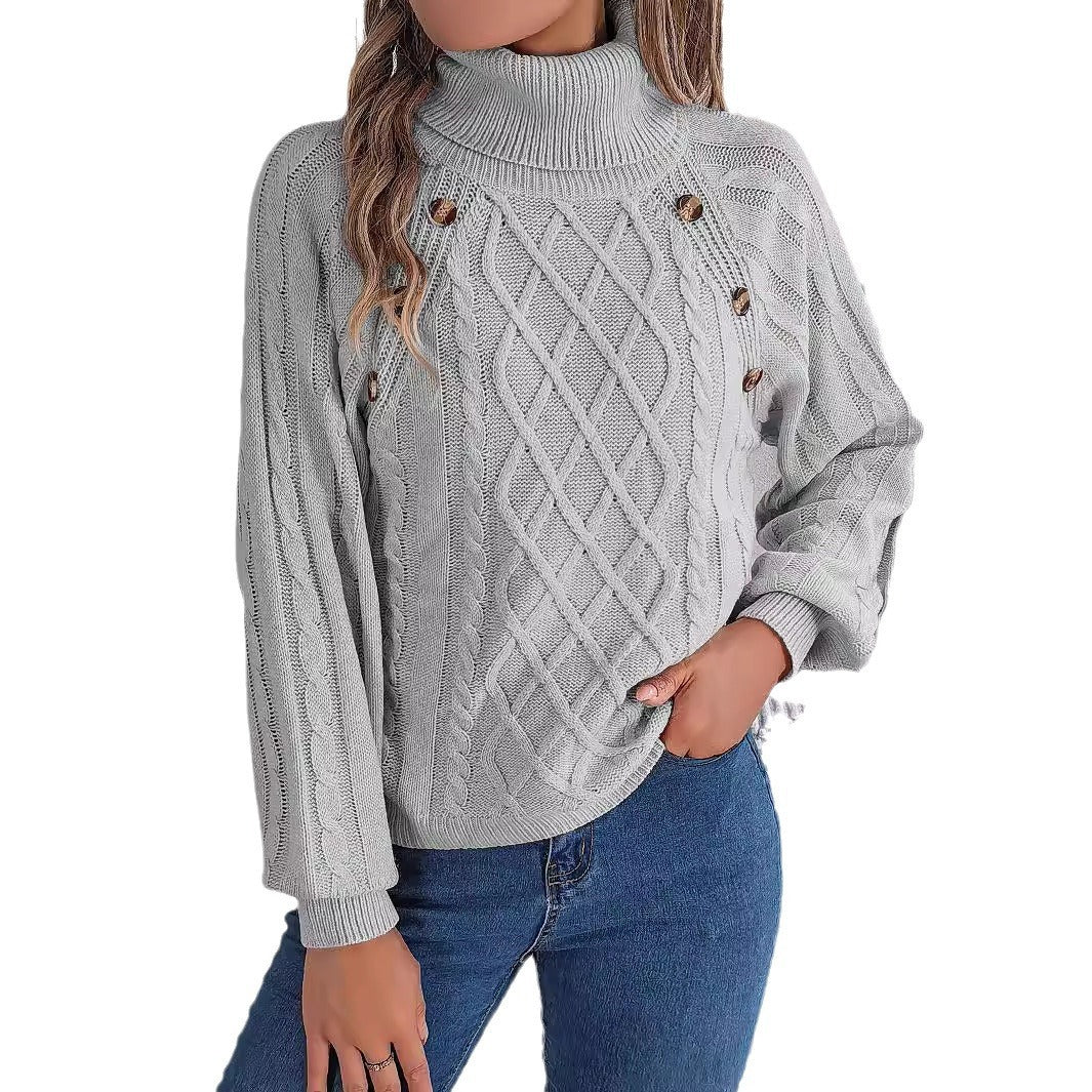 Casual Buttons Cable-knit Turtleneck Lantern Sleeve Pullover Sweater