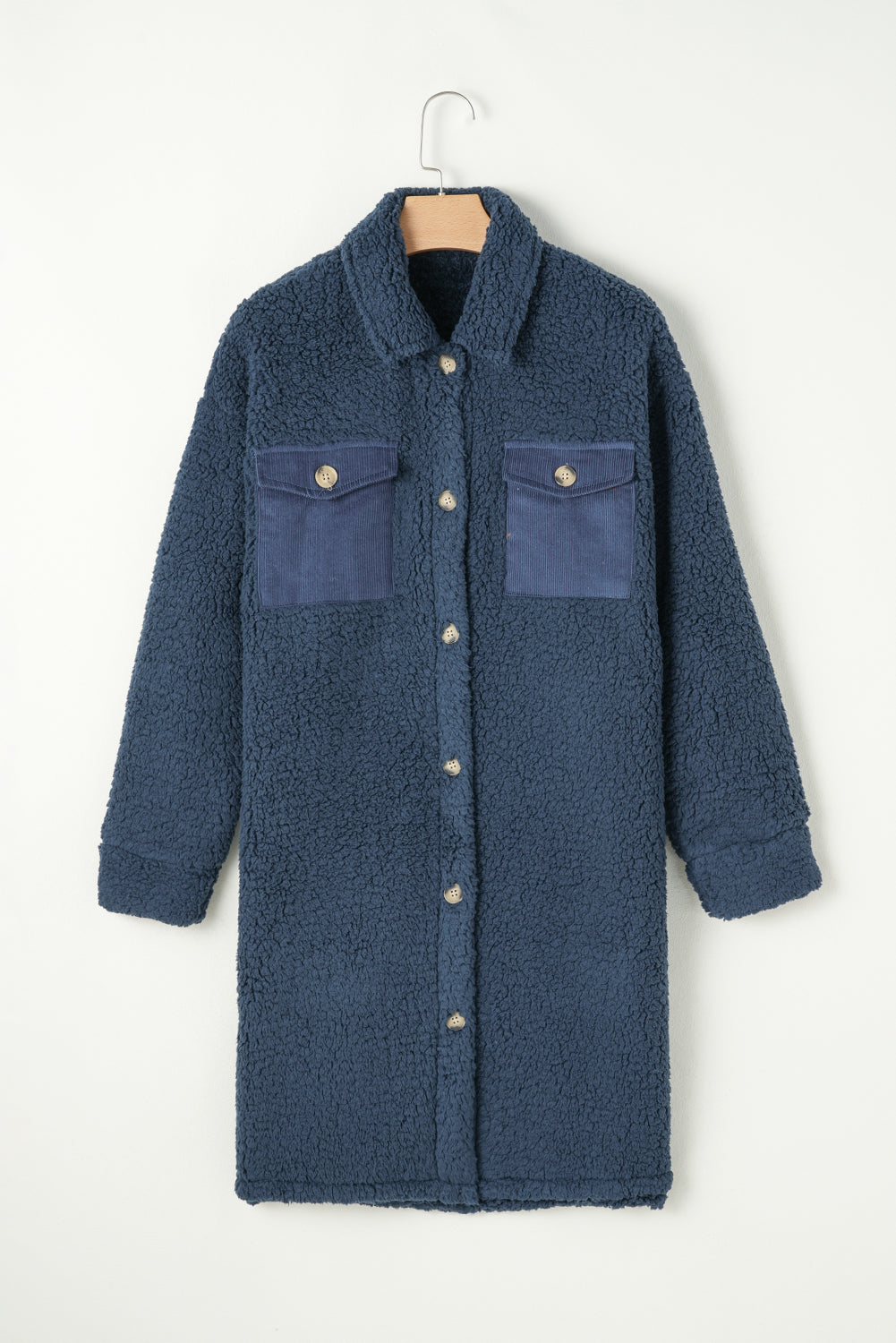 Blue Contrast Flap Pocket Single Breasted Elzeon Teddy Coat