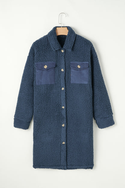 Blue Contrast Flap Pocket Single Breasted Elzeon Teddy Coat