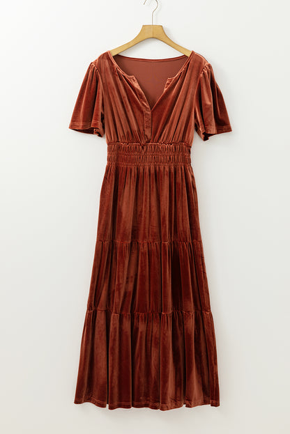 Red Dahlia Velvet Short Sleeve Shirred Waist Tiered Elzeon Maxi Dress