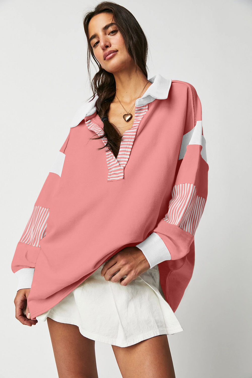 Black Striped Colorblock Patchwork Collar Sweatshirt