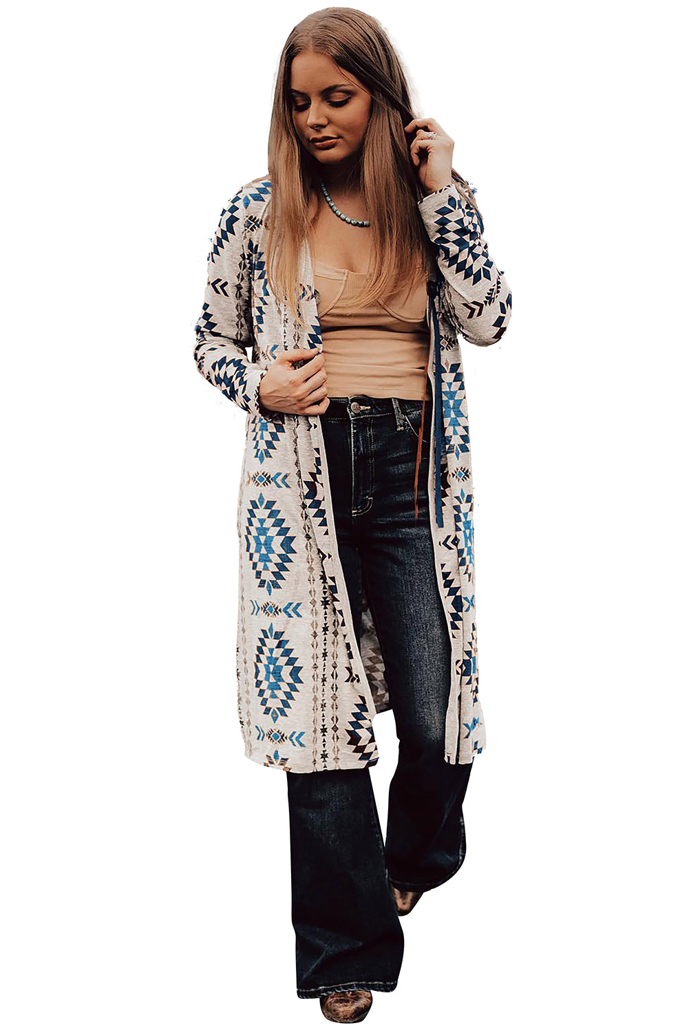 Sky Blue Western Aztec Printed Open Front Long Elzeon Cardigan