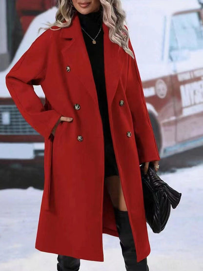 Trench-coat croisé à revers avec ceinture, mode hiver, couleur unie, veste longue, vêtements d'extérieur pour femmes