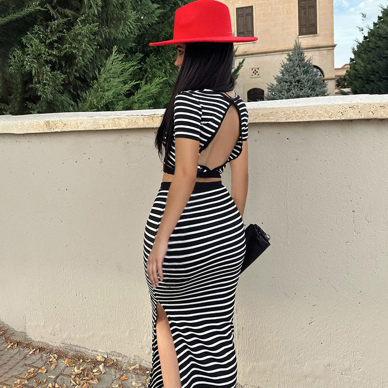 Small Sunken Stripe Casual Striped Backless Short Sleeve Top Slim-fit Skirt