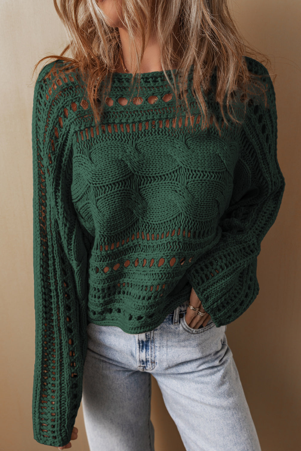 Smoke Gray Hollow-out Cable Knit Cropped Elzeon Sweater