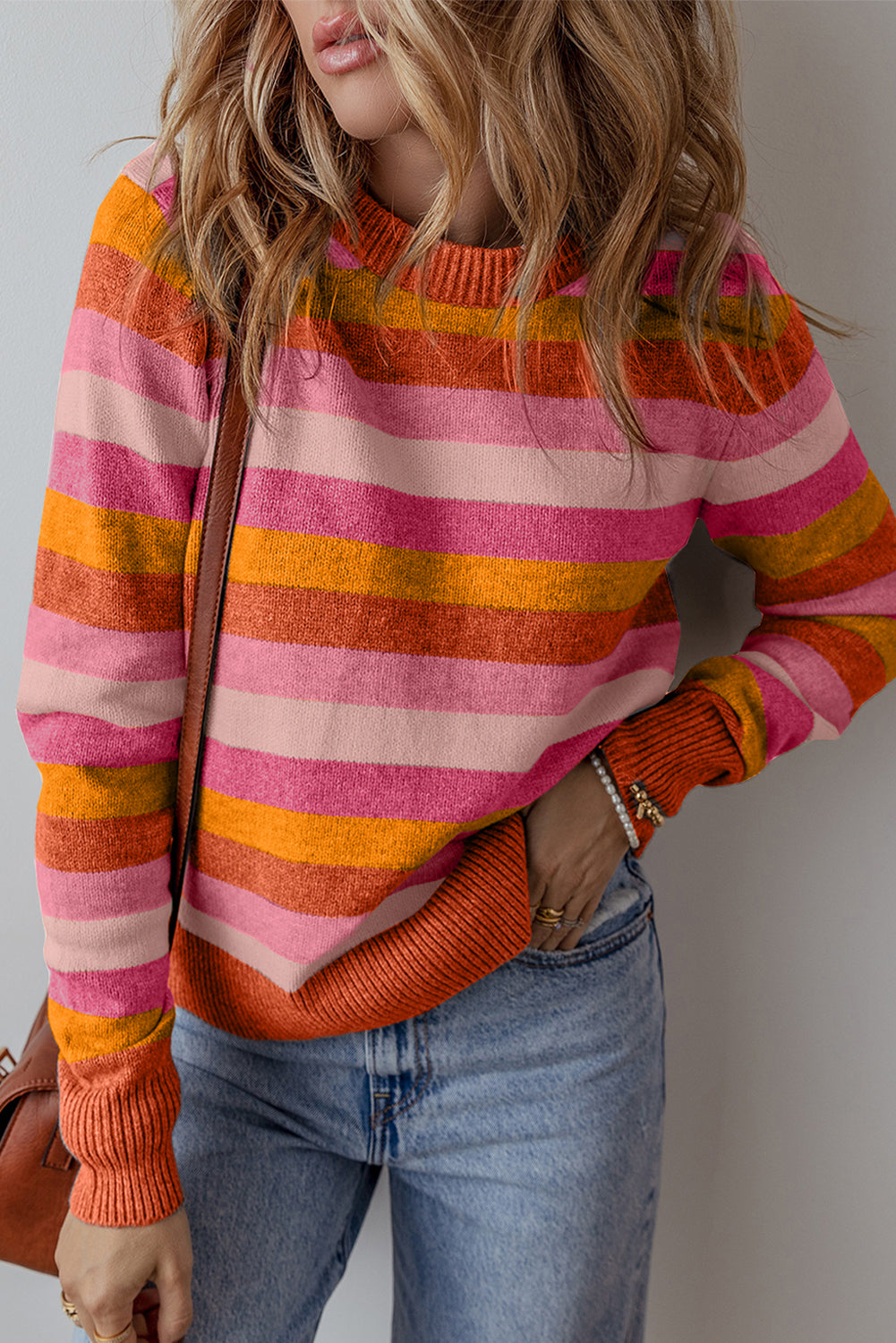 Gray Stripe Color Block Ribbed Edge Round Neck Sweater