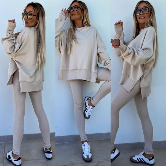 Sweater Suit Women's Elzeon Casual Loose Long Sleeve Crew Neck Split Top Tight Trousers