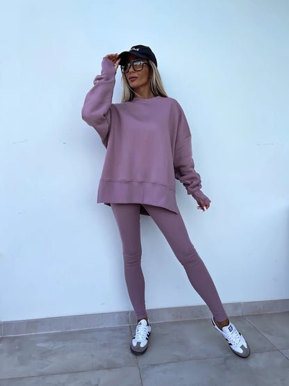 Sweater Suit Women's Elzeon Casual Loose Long Sleeve Crew Neck Split Top Tight Trousers