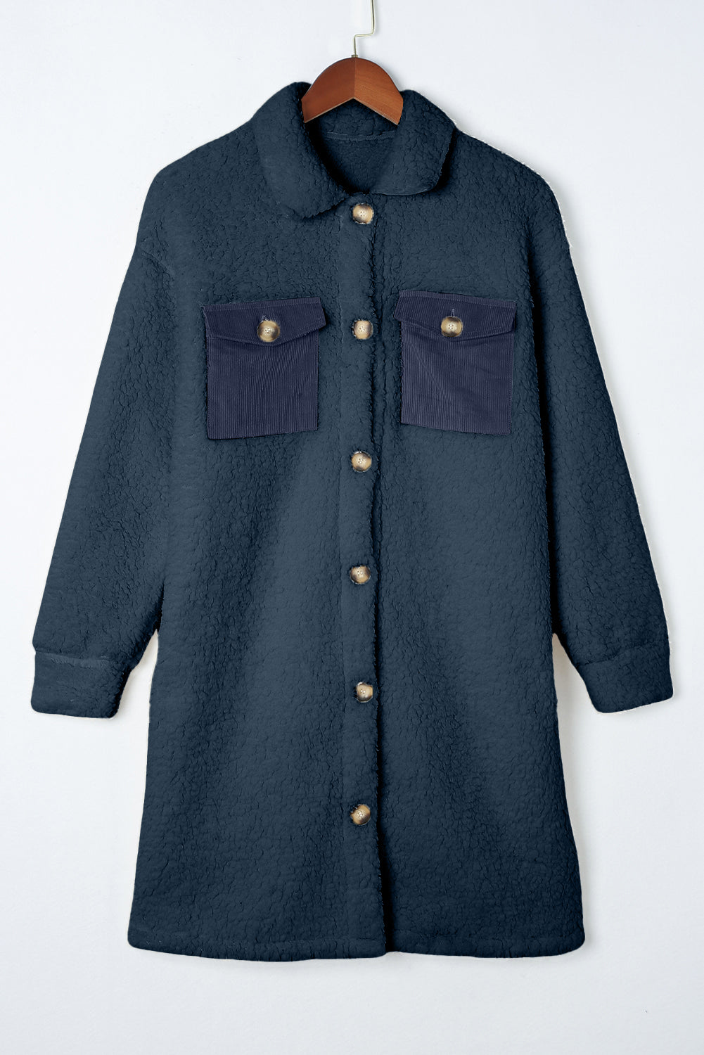 Blue Contrast Flap Pocket Single Breasted Elzeon Teddy Coat