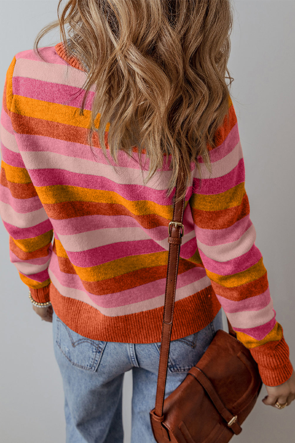 Gray Stripe Color Block Ribbed Edge Round Neck Sweater