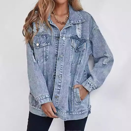 Women Fashion Denim Jacket Boyfriend-style Ripped Distressed Elzeon Denim Jacket