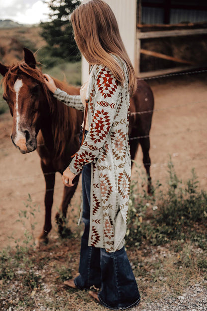 Sky Blue Western Aztec Printed Open Front Long Elzeon Cardigan