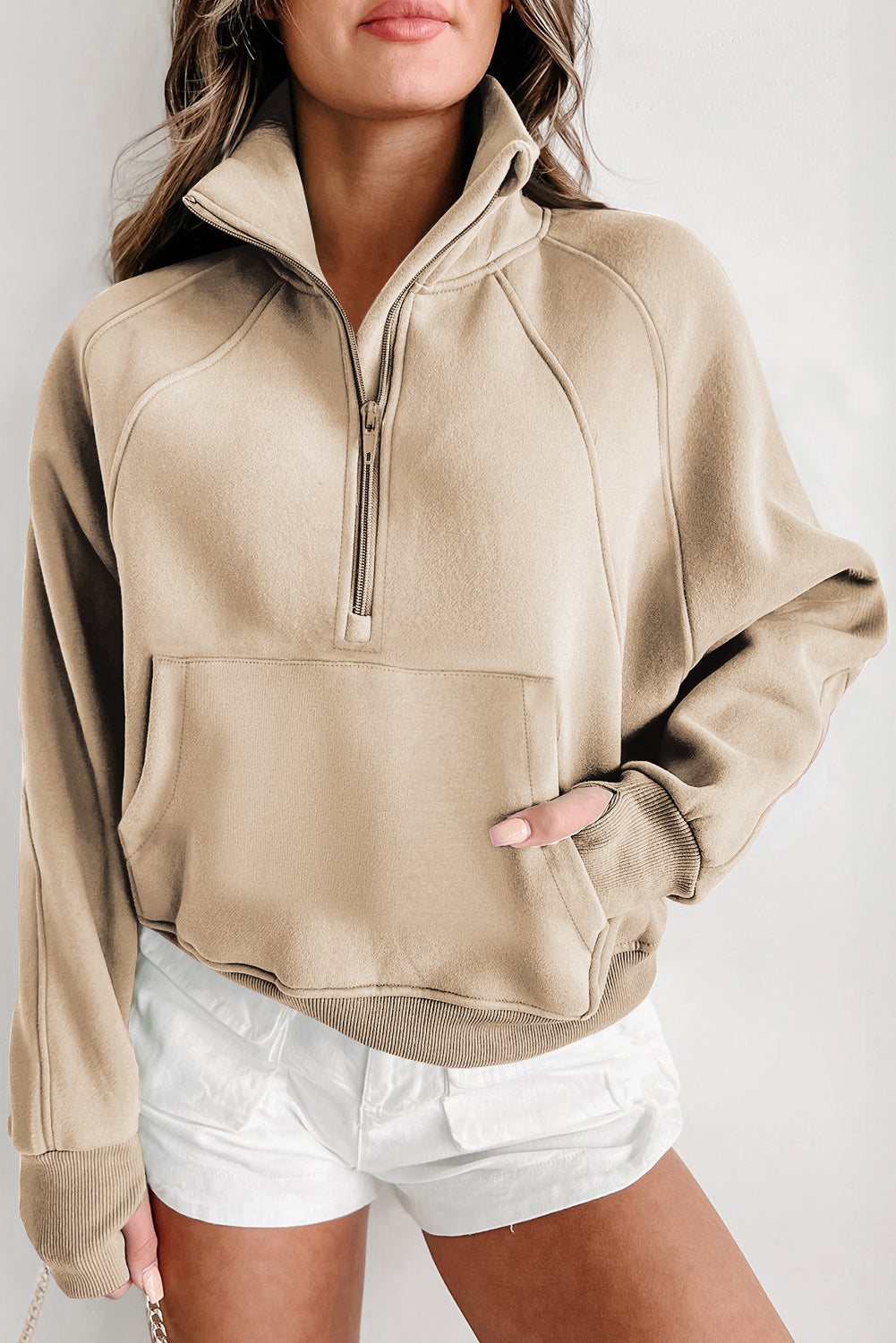 Brown Fleece Lined Zip Up Stand Collar Thumbhole Sleeve Sweatshirt