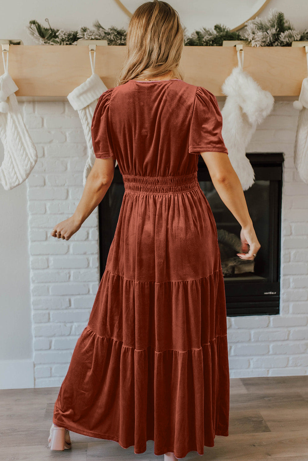 Red Dahlia Velvet Short Sleeve Shirred Waist Tiered Elzeon Maxi Dress