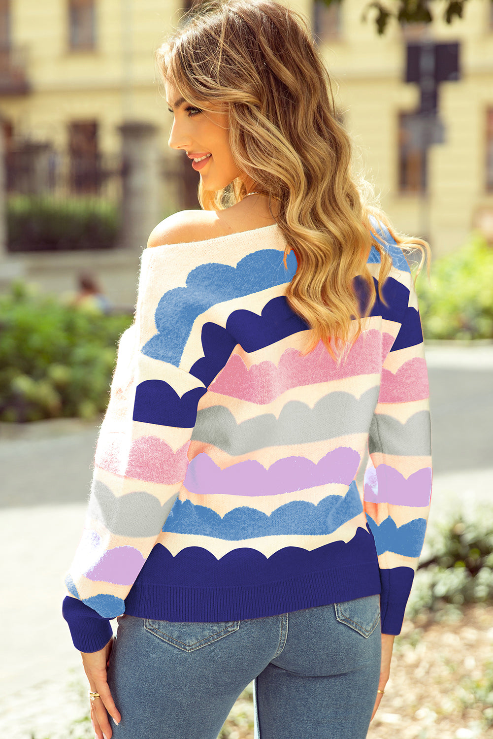 Yellow Wave Striped Balloon Sleeve Drop Shoulder Sweater