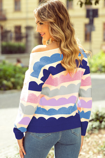 Yellow Wave Striped Balloon Sleeve Drop Shoulder Sweater