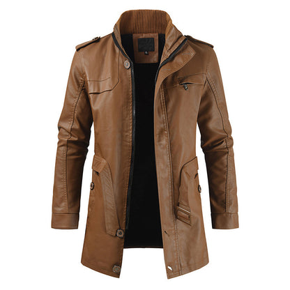 Men's Mid-length Fleece-lined Casual Stand Collar Elzeon Leather Wind Coat