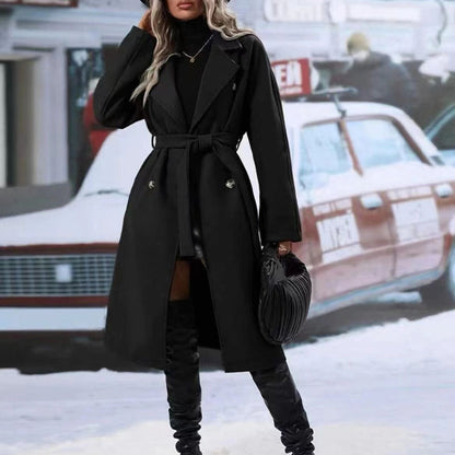 Trench-coat croisé à revers avec ceinture, mode hiver, couleur unie, veste longue, vêtements d'extérieur pour femmes