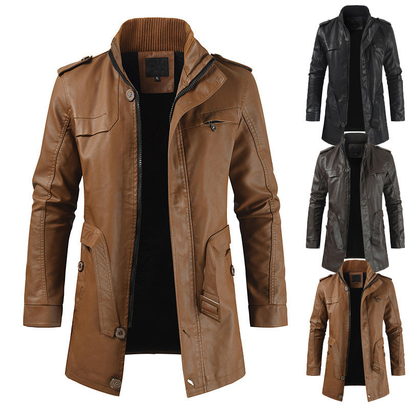 Men's Mid-length Fleece-lined Casual Stand Collar Elzeon Leather Wind Coat