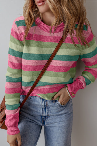 Gray Stripe Color Block Ribbed Edge Round Neck Sweater