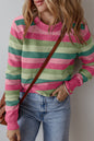 Gray Stripe Color Block Ribbed Edge Round Neck Sweater